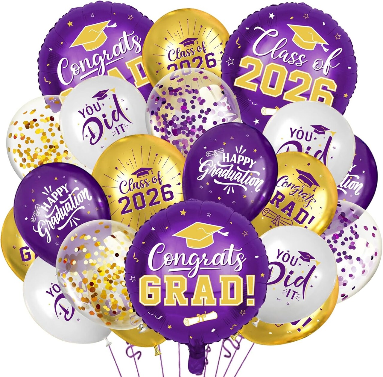Graduation Party Balloons 2026 – 51PCS Purple & Gold Latex and Foil Balloon Set with Confetti & Class of 2026 Graduation Decorations